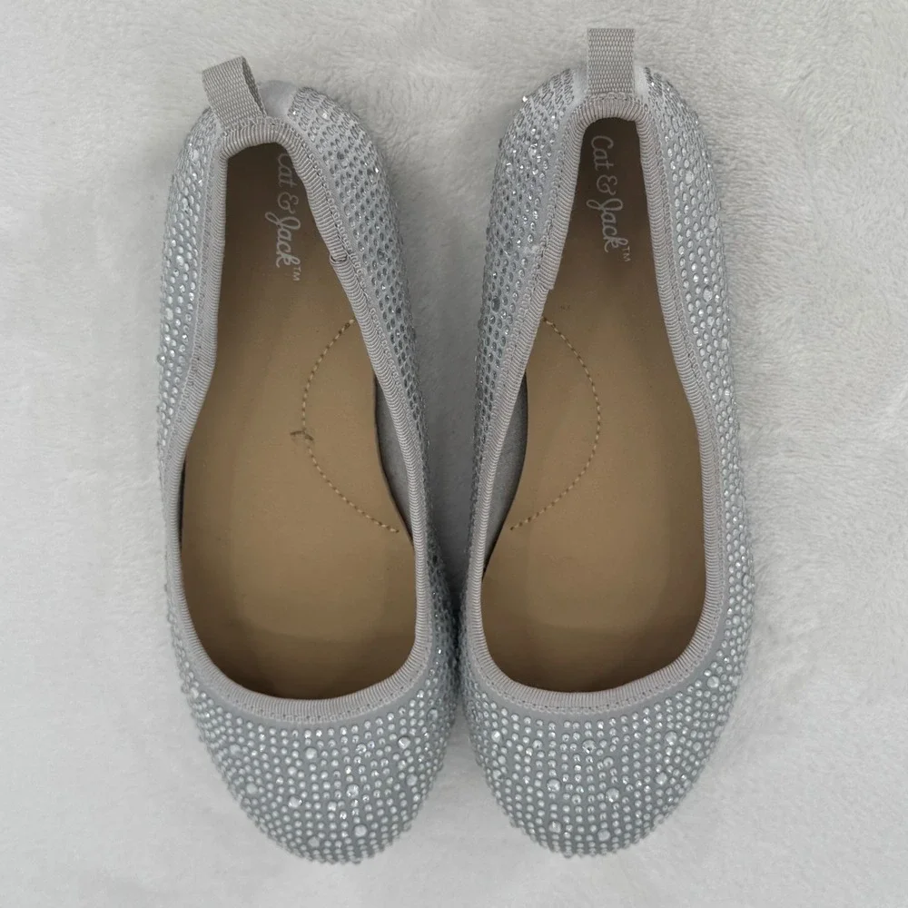 Cat & Jack Silver Rhinestone Ballet Flats Girls Size 1 Sparkly Dress Shoes